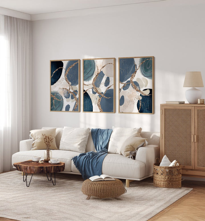 Elegant DENIM BLUE SET, SET OF 3 PAINTINGS adds rich hues and artistry to your living space decor.