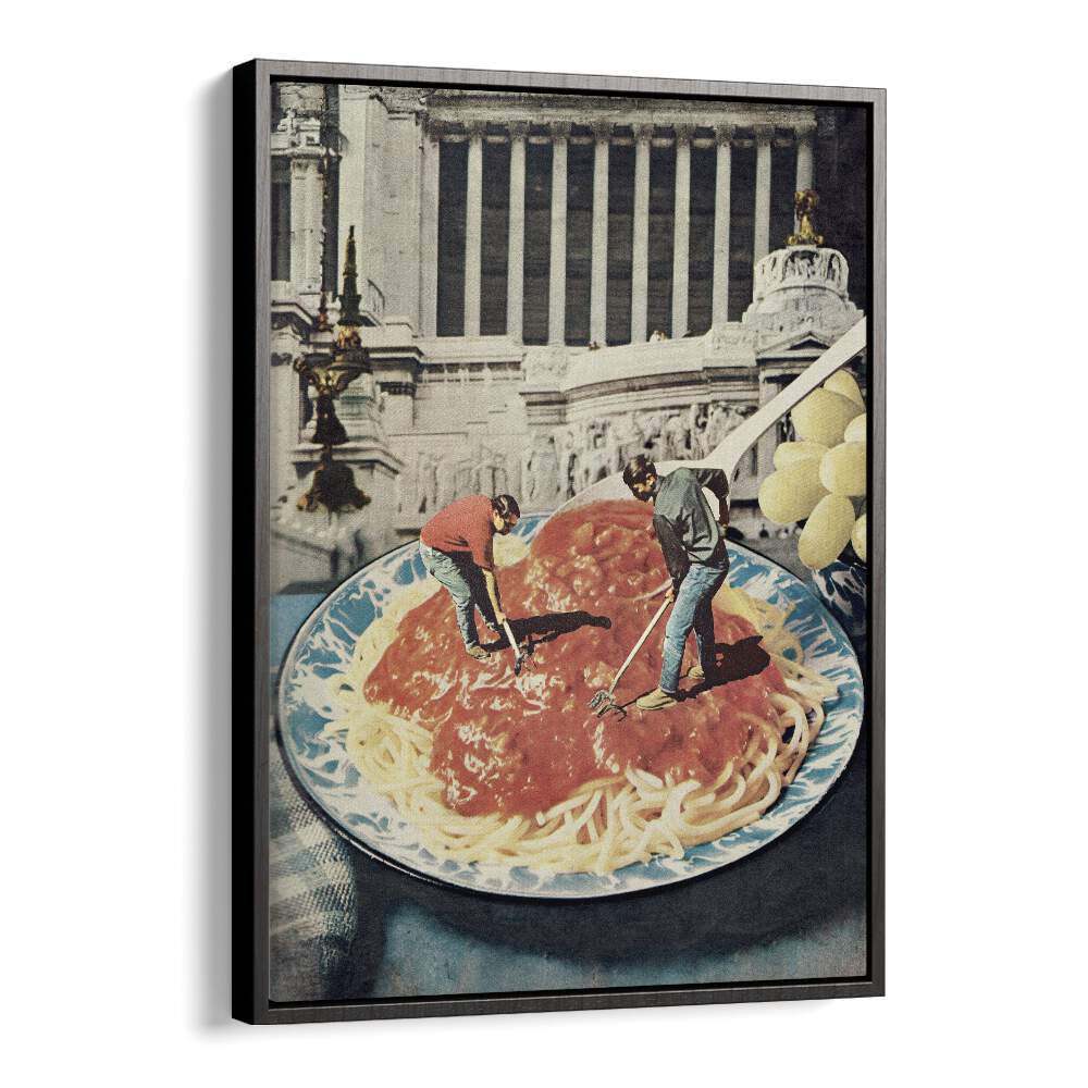 Surreal art print "DIGGIN SPAGHETTI" by Vertigo Artography features whimsical figures atop a giant plate of spaghetti.
