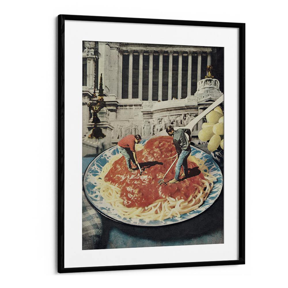 DIGGIN SPAGHETTI, SURREAL ART PRINTS by Vertigo Artography features whimsical figures in a pasta landscape.
