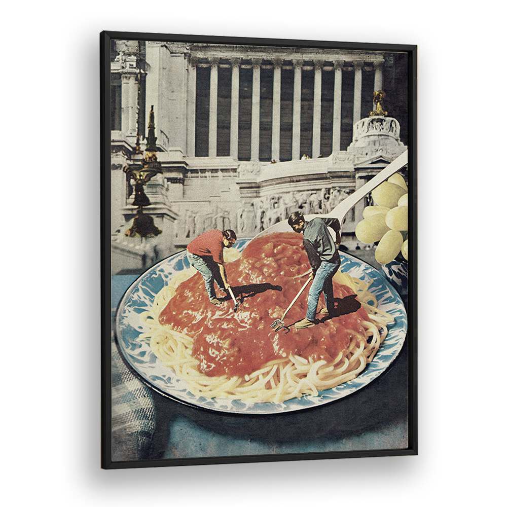 Whimsical scene from DIGGIN SPAGHETTI, SURREAL ART PRINTS by Vertigo Artography, blending art and culinary fantasy.