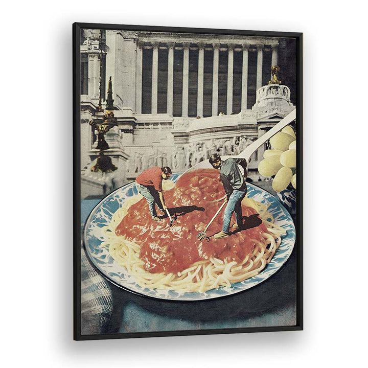 Whimsical scene from DIGGIN SPAGHETTI, SURREAL ART PRINTS by Vertigo Artography, blending art and culinary fantasy.