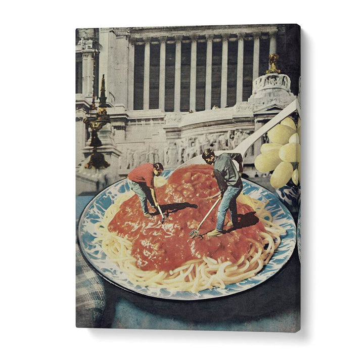 Surreal art print "Diggin Spaghetti" features whimsical figures atop pasta, enhancing any collection by Vertigo Artography.