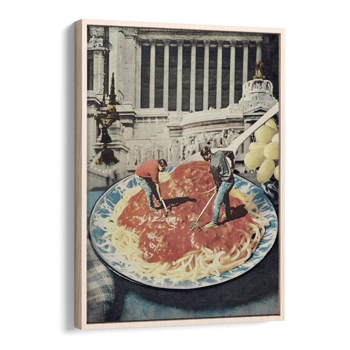 Surreal art print "DIGGIN SPAGHETTI" by Vertigo Artography features whimsical scene with spaghetti and figures.