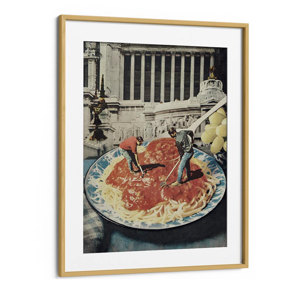 Surreal art print "Diggin Spaghetti" by Vertigo Artography features whimsical scenes of tiny figures and pasta.