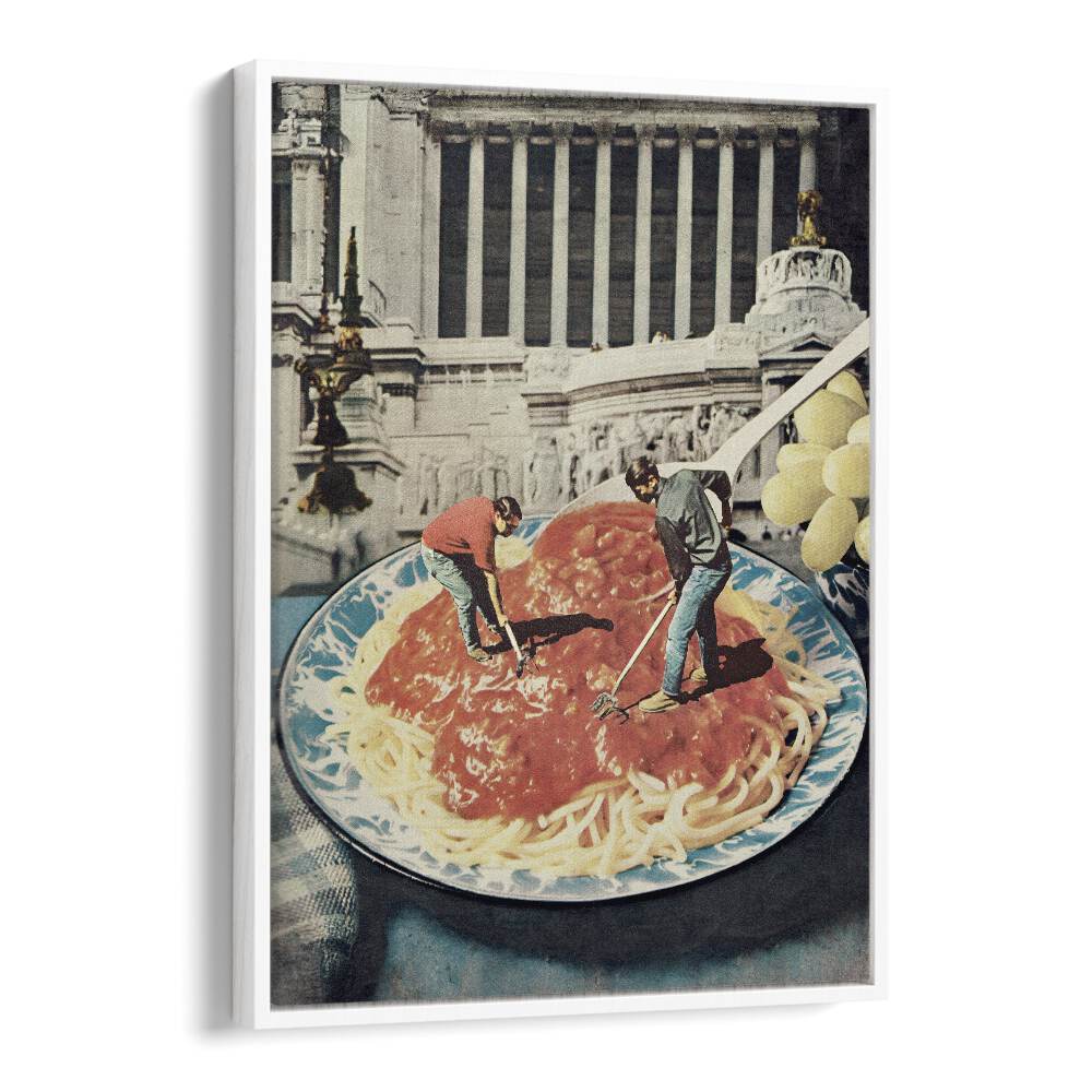 Surreal art print "DIGGIN SPAGHETTI" by Vertigo Artography showcases whimsical imagery of pasta and miniature figures.