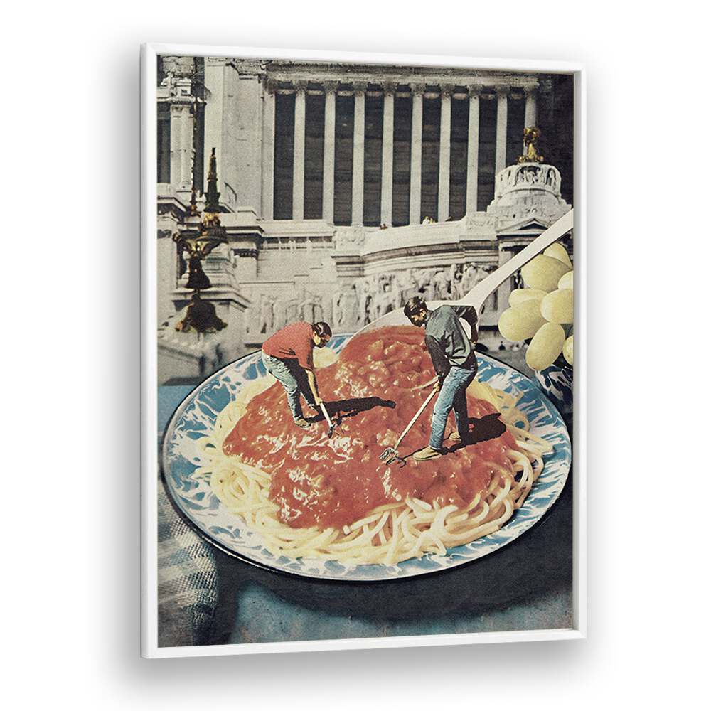 Surreal art print "DIGGIN SPAGHETTI" by Vertigo Artography features whimsical figures in a pasta scene.
