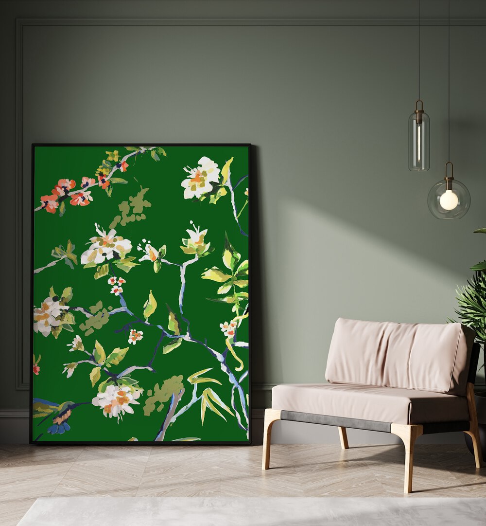 Elevate your décor with DINING ROOM WALLS I, FLORAL FLOWER PAINTINGS, featuring vibrant floral designs on a green backdrop.