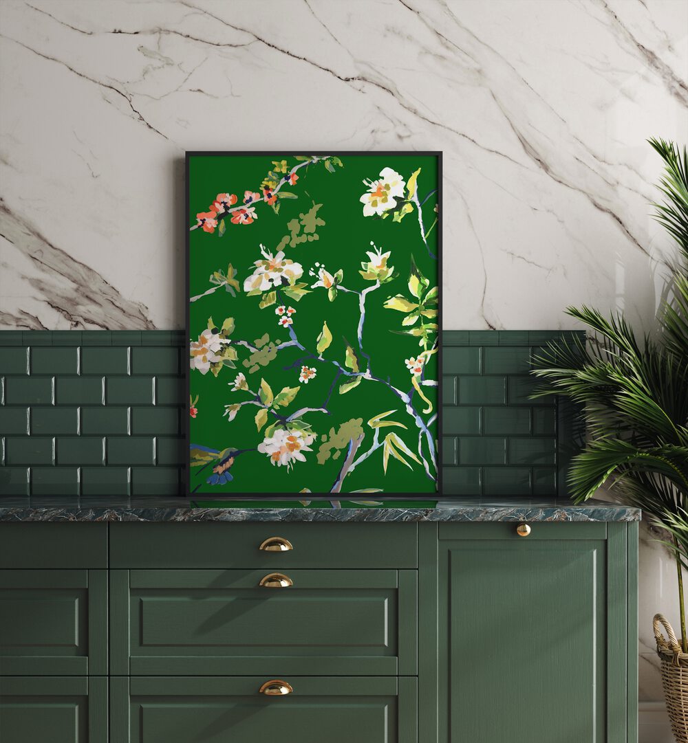 Brighten your home with DINING ROOM WALLS I, FLORAL FLOWER PAINTINGS, showcasing vibrant floral art on a green backdrop.