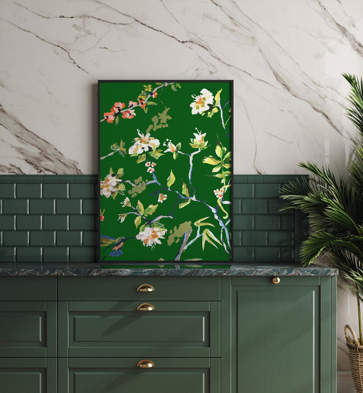 Brighten your home with DINING ROOM WALLS I, FLORAL FLOWER PAINTINGS, showcasing vibrant floral art on a green backdrop.