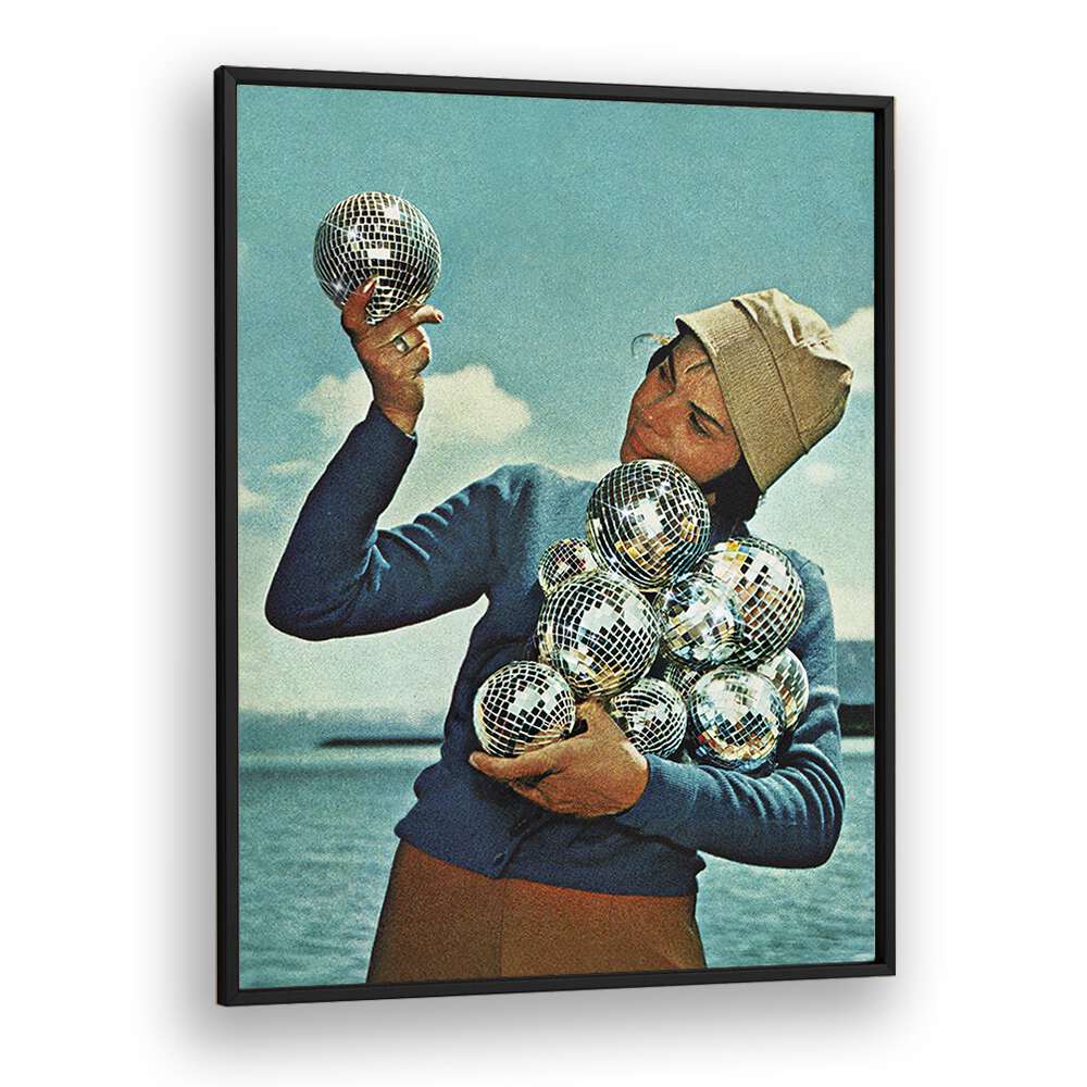 Transform your space with DISCO DORA, SURREAL ART PRINTS by Vertigo Artography, featuring vibrant disco balls.