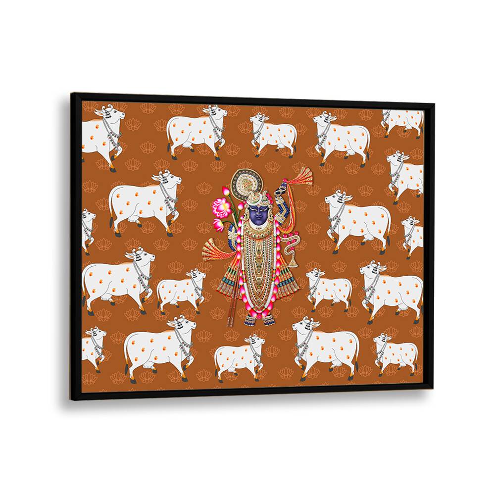 Captivating SHRINATHJI'S GRACE AND SACRED COW, INDIAN ART PAINTING showcasing Lord Krishna surrounded by sacred cows.