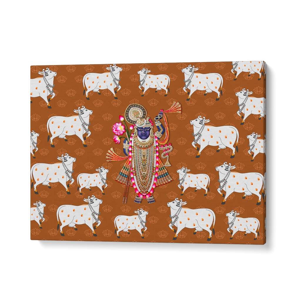 Captivating SHRINATHJI'S GRACE AND SACRED COW, INDIAN ART PAINTING showcasing divine beauty and intricate details.