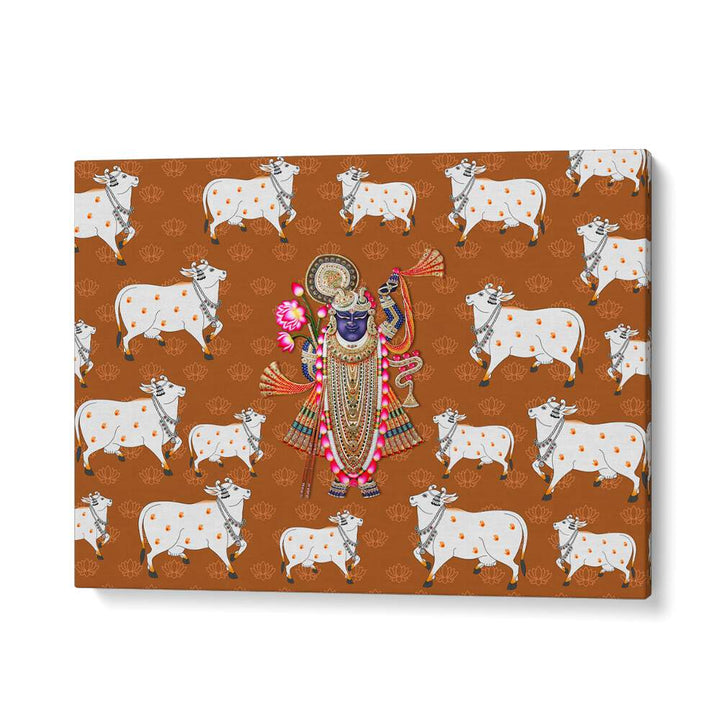 Captivating SHRINATHJI'S GRACE AND SACRED COW, INDIAN ART PAINTING showcasing divine beauty and intricate details.