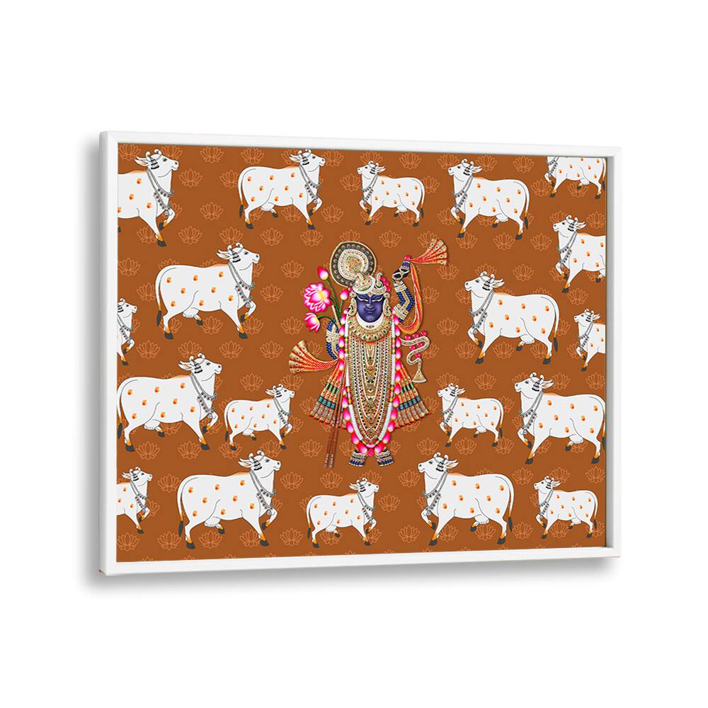 Shrinathji's Grace and Sacred Cow, Indian art painting showcasing Lord Krishna with sacred cows in vibrant colors.