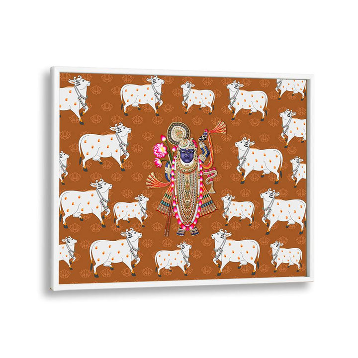 Shrinathji's Grace and Sacred Cow, Indian art painting showcasing Lord Krishna with sacred cows in vibrant colors.