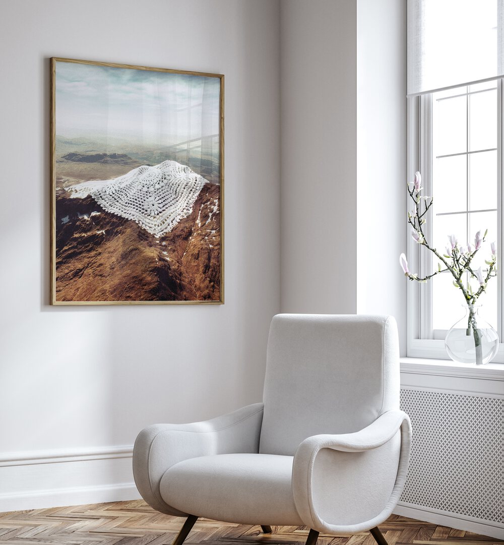 Elevate your decor with DOILY PEAKS, SURREAL ART PRINTS by Vertigo Artography, showcasing stunning snow crochet details.
