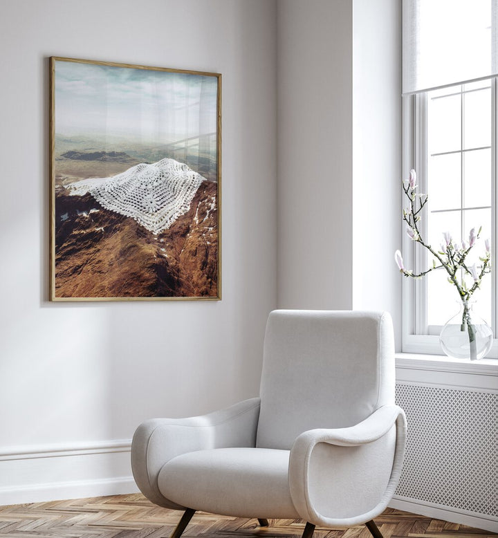 Elevate your decor with DOILY PEAKS, SURREAL ART PRINTS by Vertigo Artography, showcasing stunning snow crochet details.