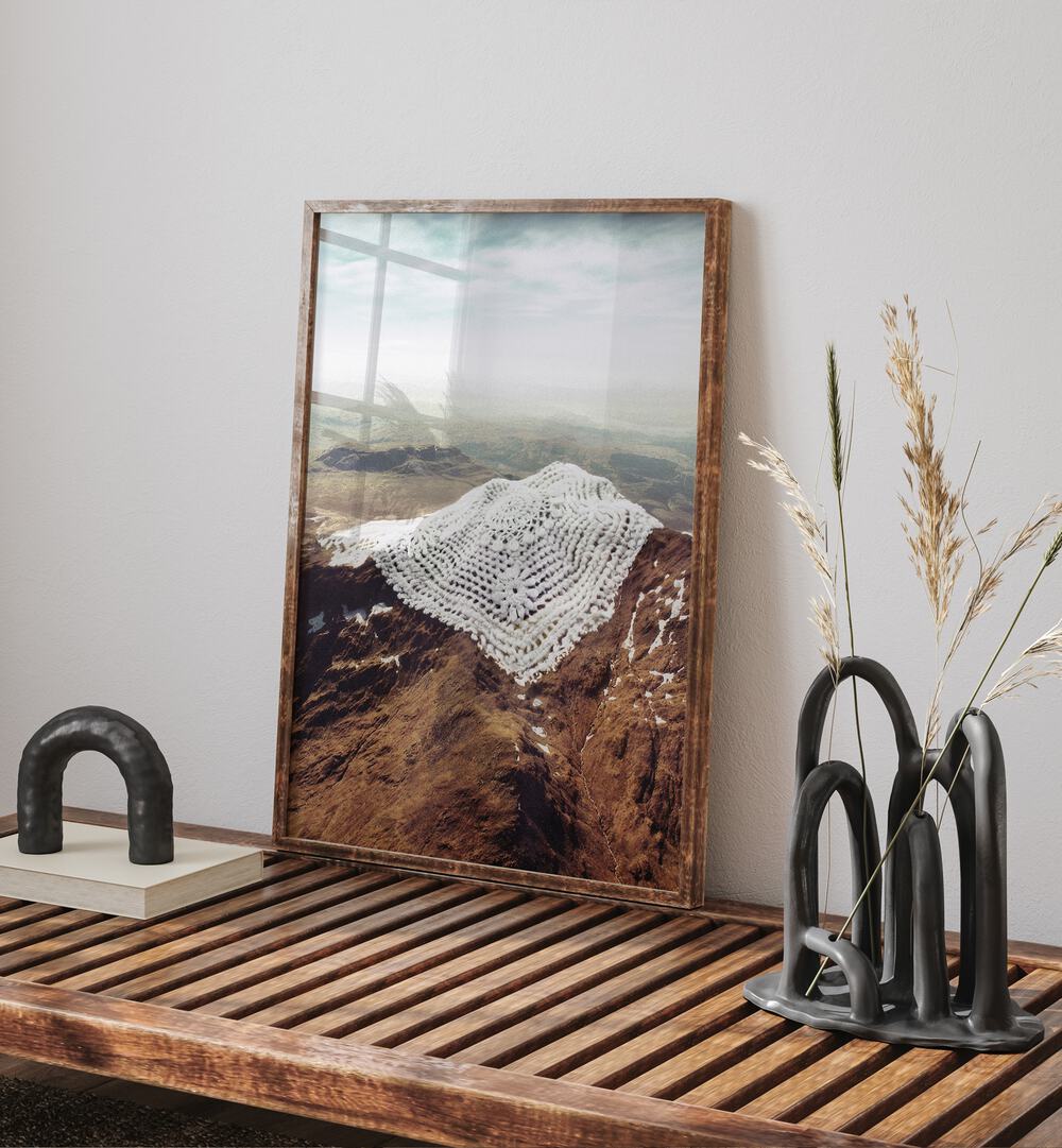 Elevate your decor with DOILY PEAKS, SURREAL ART PRINTS by Vertigo Artography, featuring stunning snow crochet designs.