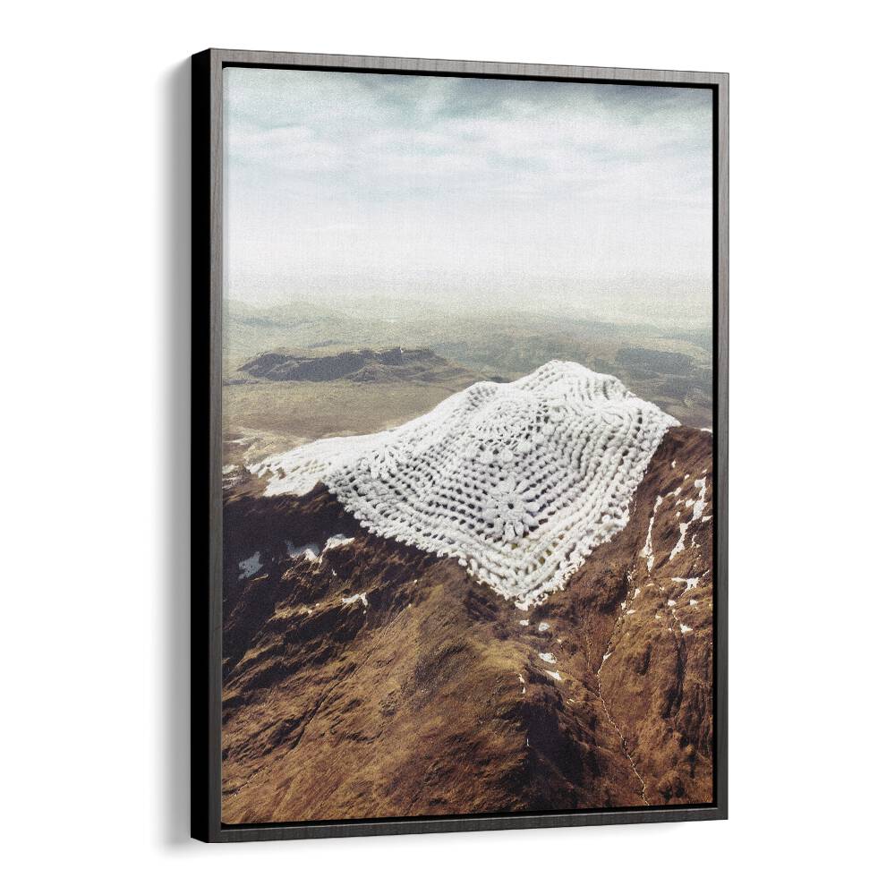 Doily Peaks, Surreal Art Prints, showcase a snowy crochet design on a mountain landscape by Vertigo Artography.