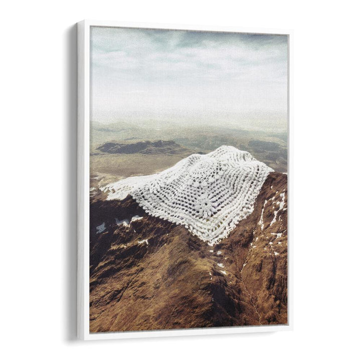 Doily Peaks, Surreal Art Prints by Vertigo Artography showcase a snowy crochet design atop majestic mountains.