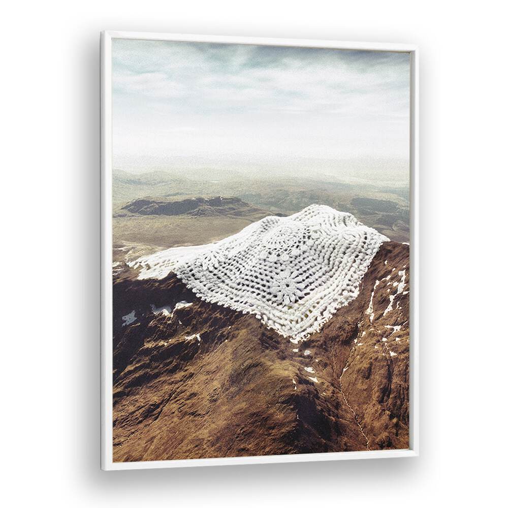 Elevate your space with DOILY PEAKS, SURREAL ART PRINTS by Vertigo Artography, showcasing crochet art on snowy mountains.