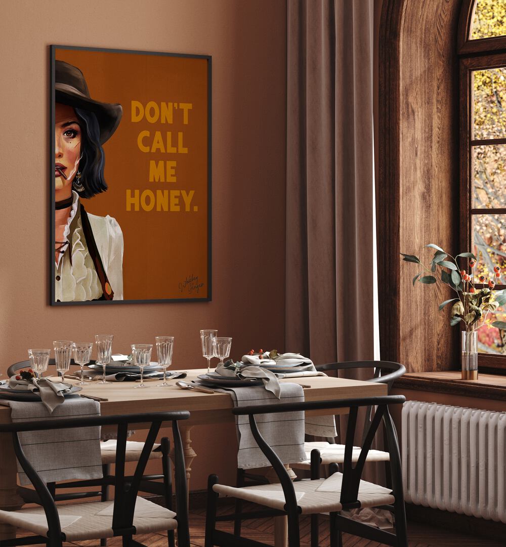 Bold Western cowgirl art, "Don't Call Me Honey," showcasing fierce spirit. Perfect for HONEY, PORTRAITS lovers.