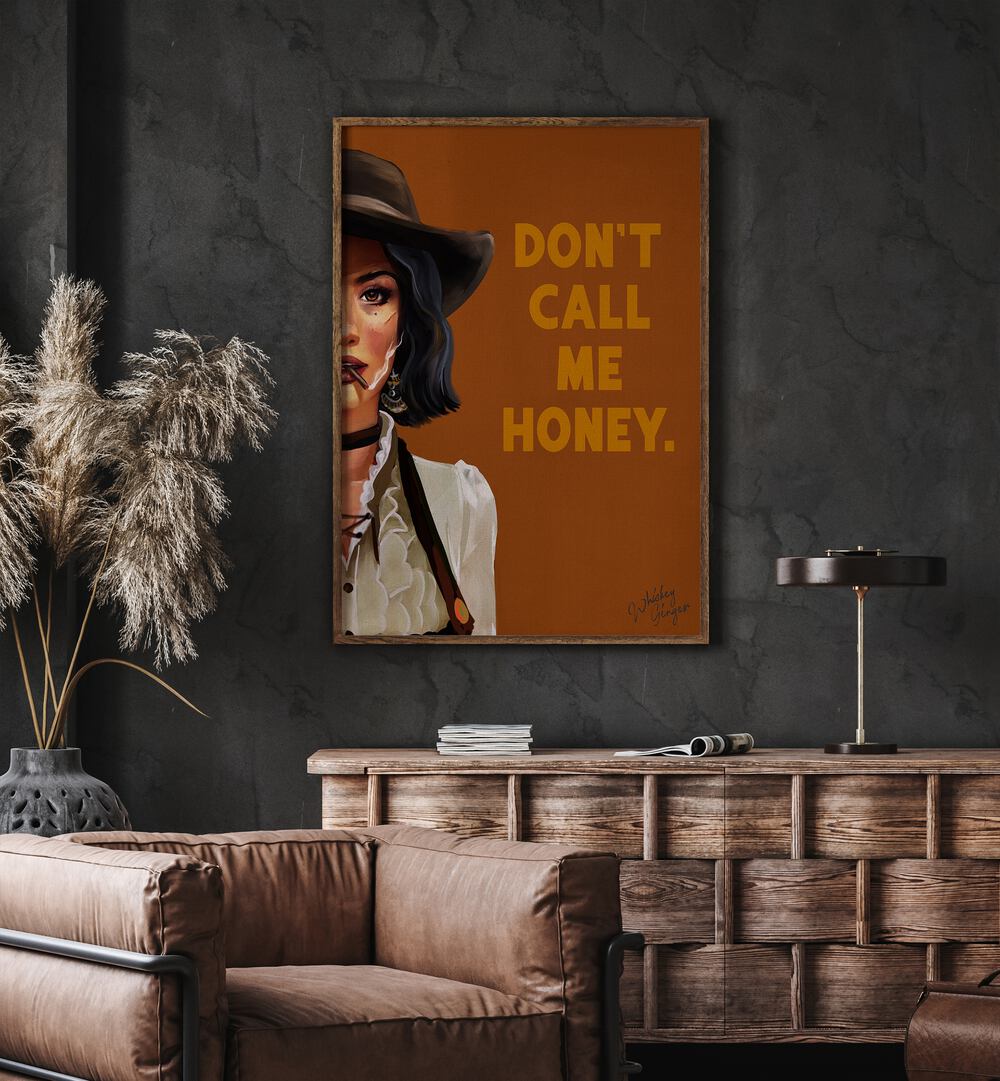 Bold HONEY, PORTRAITS artwork featuring a fierce Western cowgirl, perfect for modern decor and empowerment.