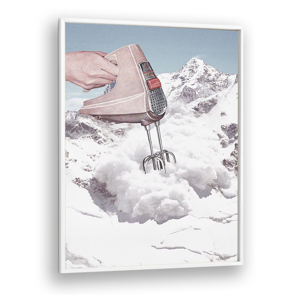 Doris Whisker surreal art prints showcase a whimsical hand mixer in a dreamy mountain landscape by Vertigo Artography.