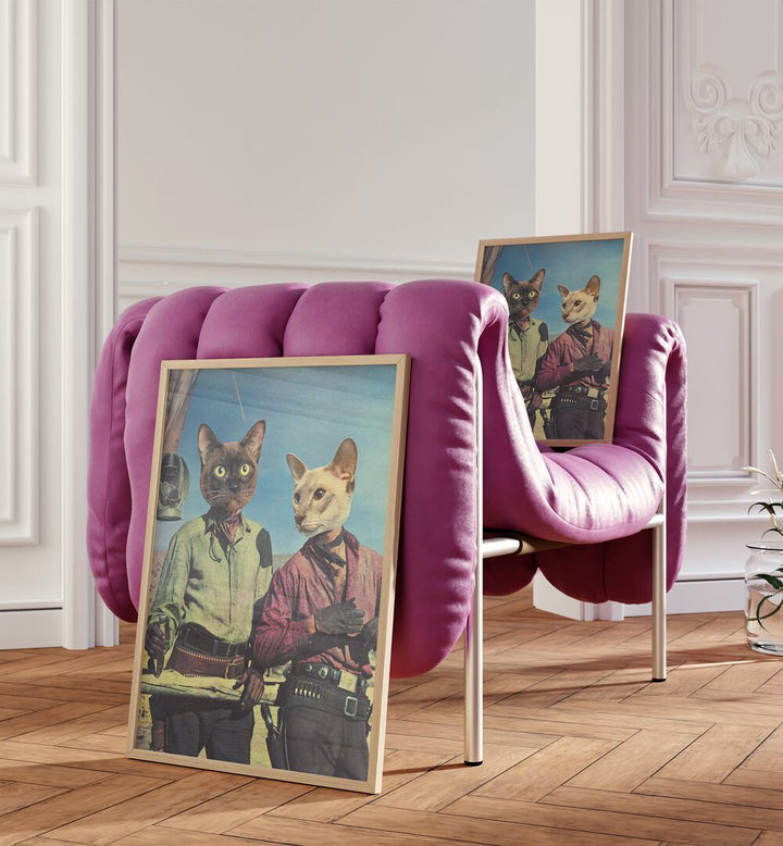 Double Trouble, Surreal Art Prints feature whimsical cat portraits in a vibrant setting, adding creativity to any space.