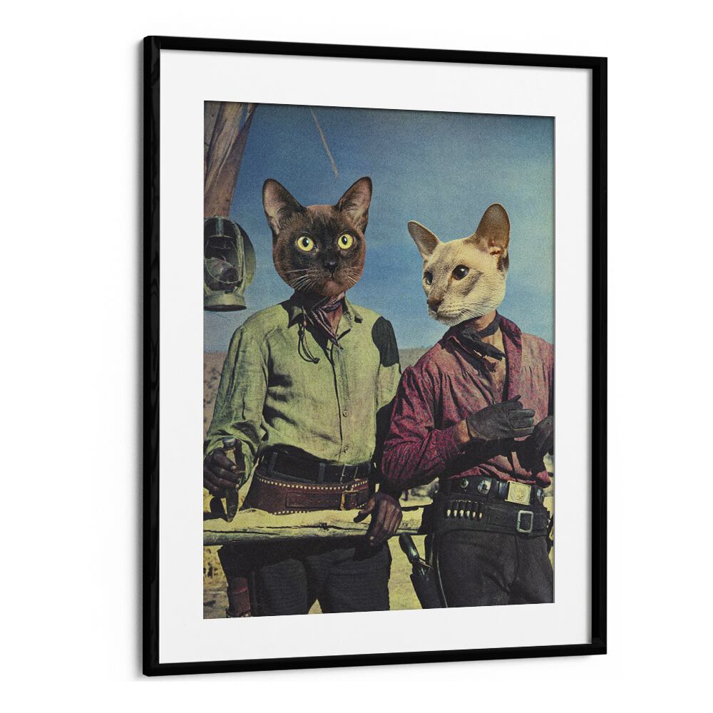 Double Trouble, Surreal Art Prints feature whimsical cat characters in a vibrant western scene, perfect for unique decor.