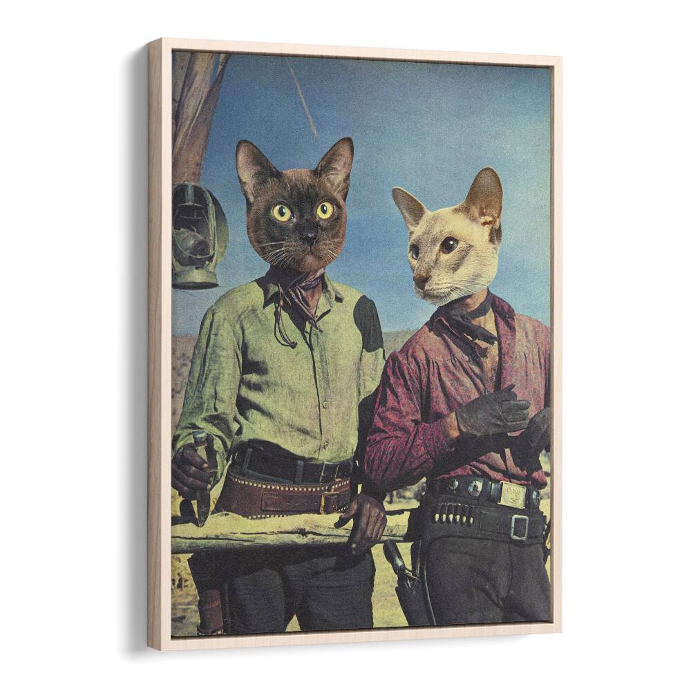 Double Trouble, Surreal Art Prints by Vertigo Artography features whimsical cat-faced characters in a creative scene.