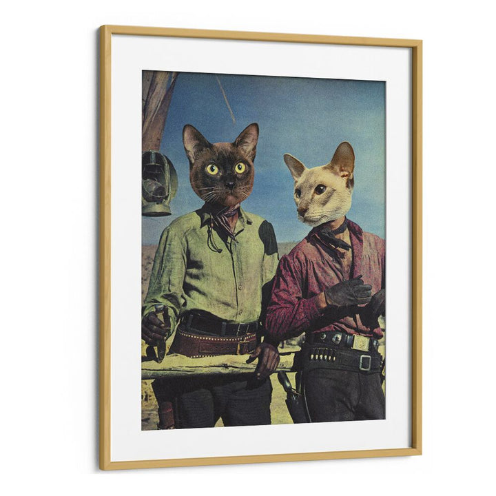 DOUBLE TROUBLE, SURREAL ART PRINTS showcase whimsical cat cowboys, perfect for adding unique creativity to any space.