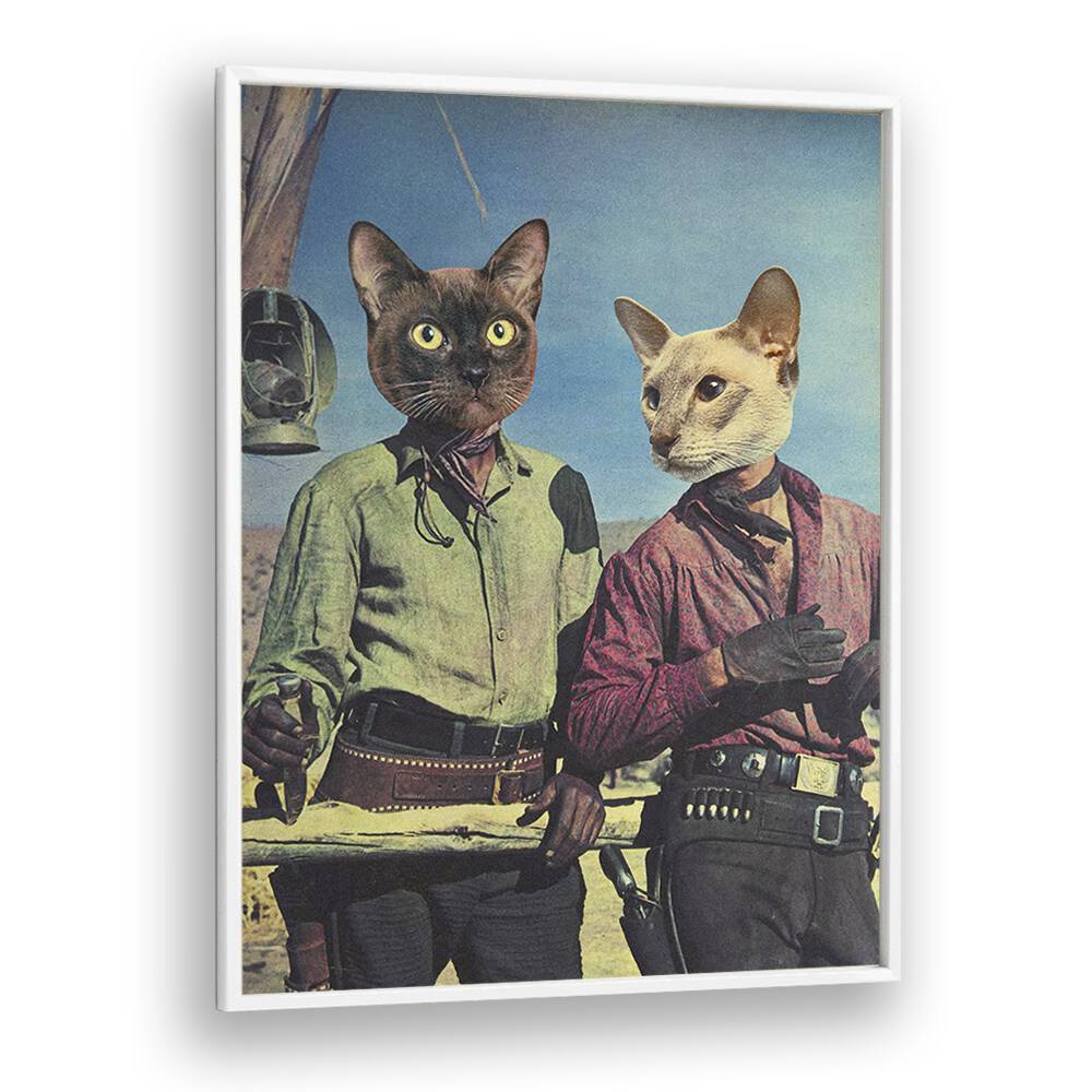 Double Trouble, Surreal Art Prints by Vertigo Artography features whimsical cat characters in a unique, playful setting.