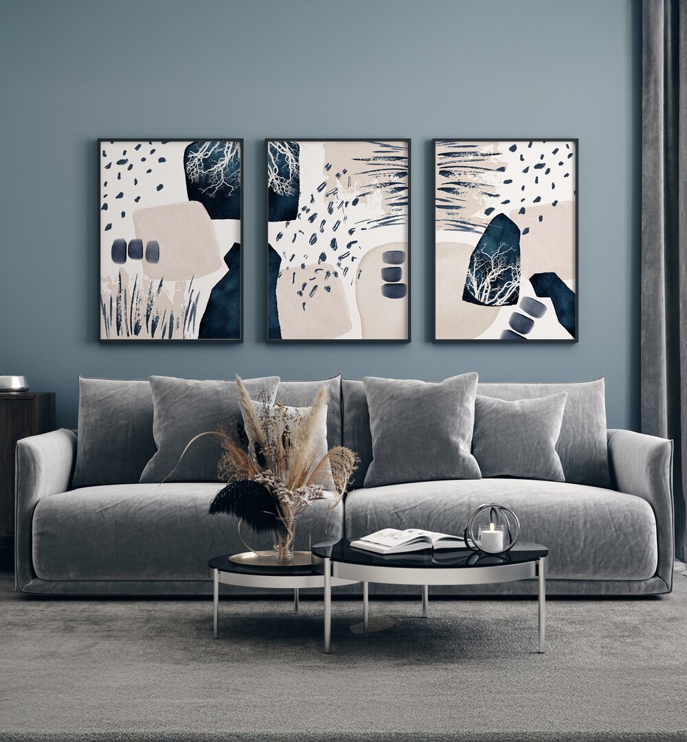 Enhance your decor with the DREAMS OF BLUE SET, SET OF 3 PAINTINGS showcasing serene azure tones.