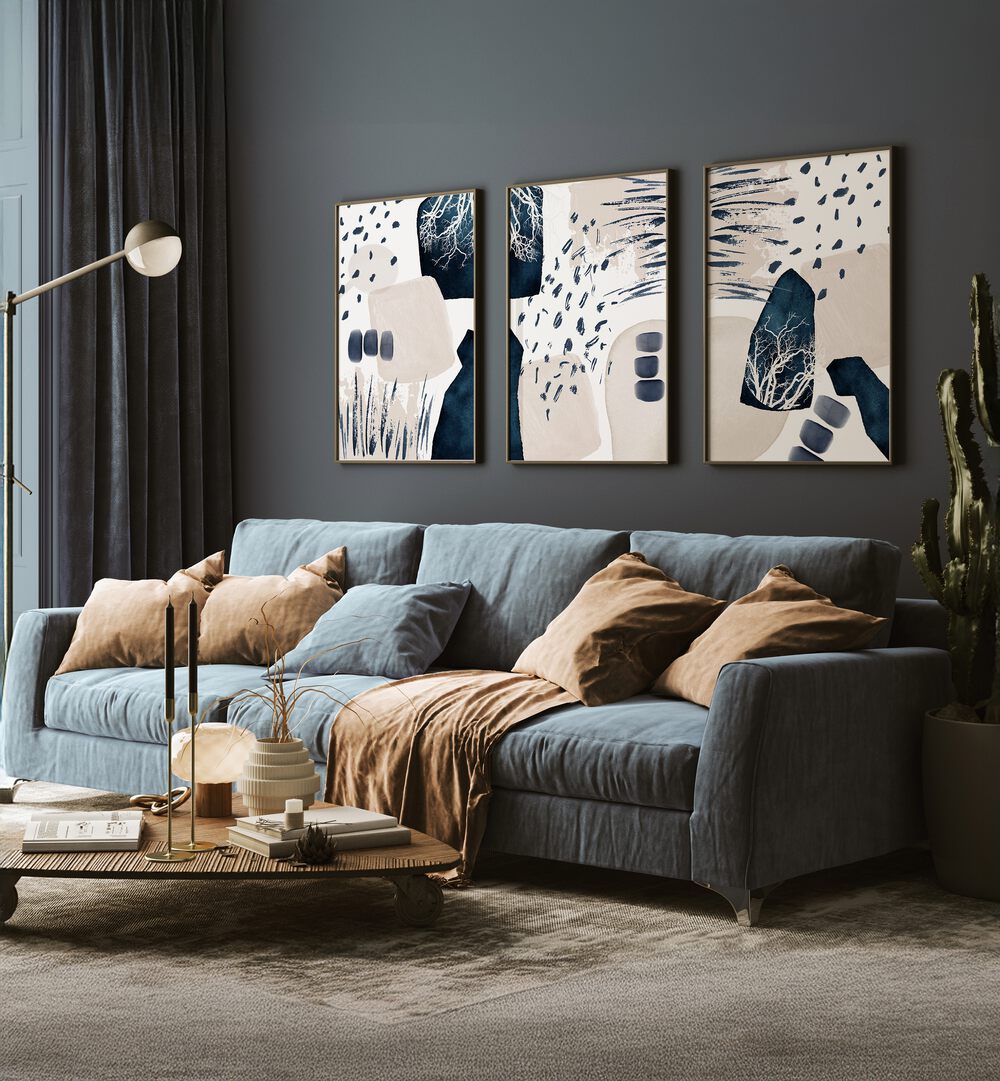DREAMS OF BLUE SET, SET OF 3 PAINTINGS showcasing serene azure tones, perfect for stylish home décor.
