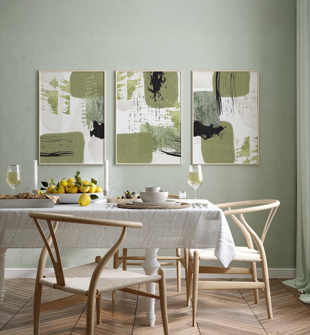 Transform your space with the DREAMY GREENS SET, SET OF 3 PAINTINGS, featuring vibrant abstract designs and soothing greens.