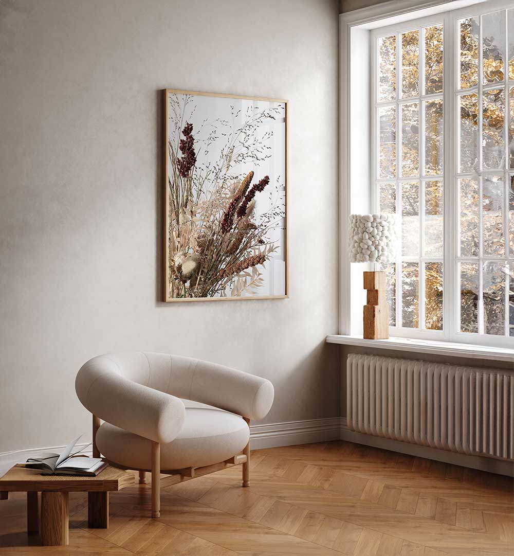 Elegant DRIED I, FLORAL FLOWER PAINTINGS enhancing a modern living space with nature's beauty and sophistication.