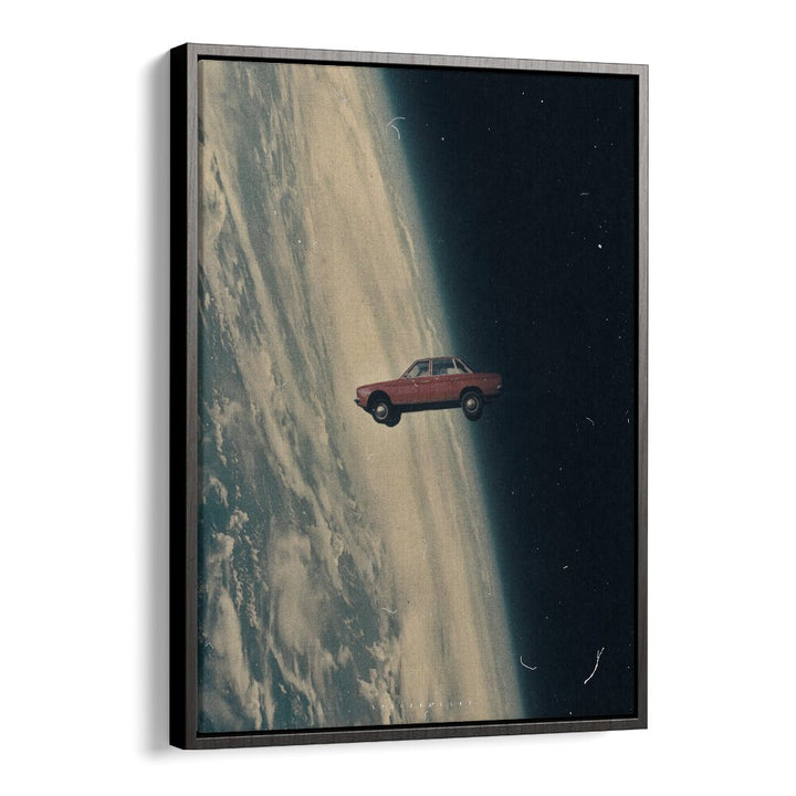 Surreal art print "DRIVING BACK TO THE DEEP" by Space Rocket Art, featuring a car in space, vibrant colors, framed beautifully.