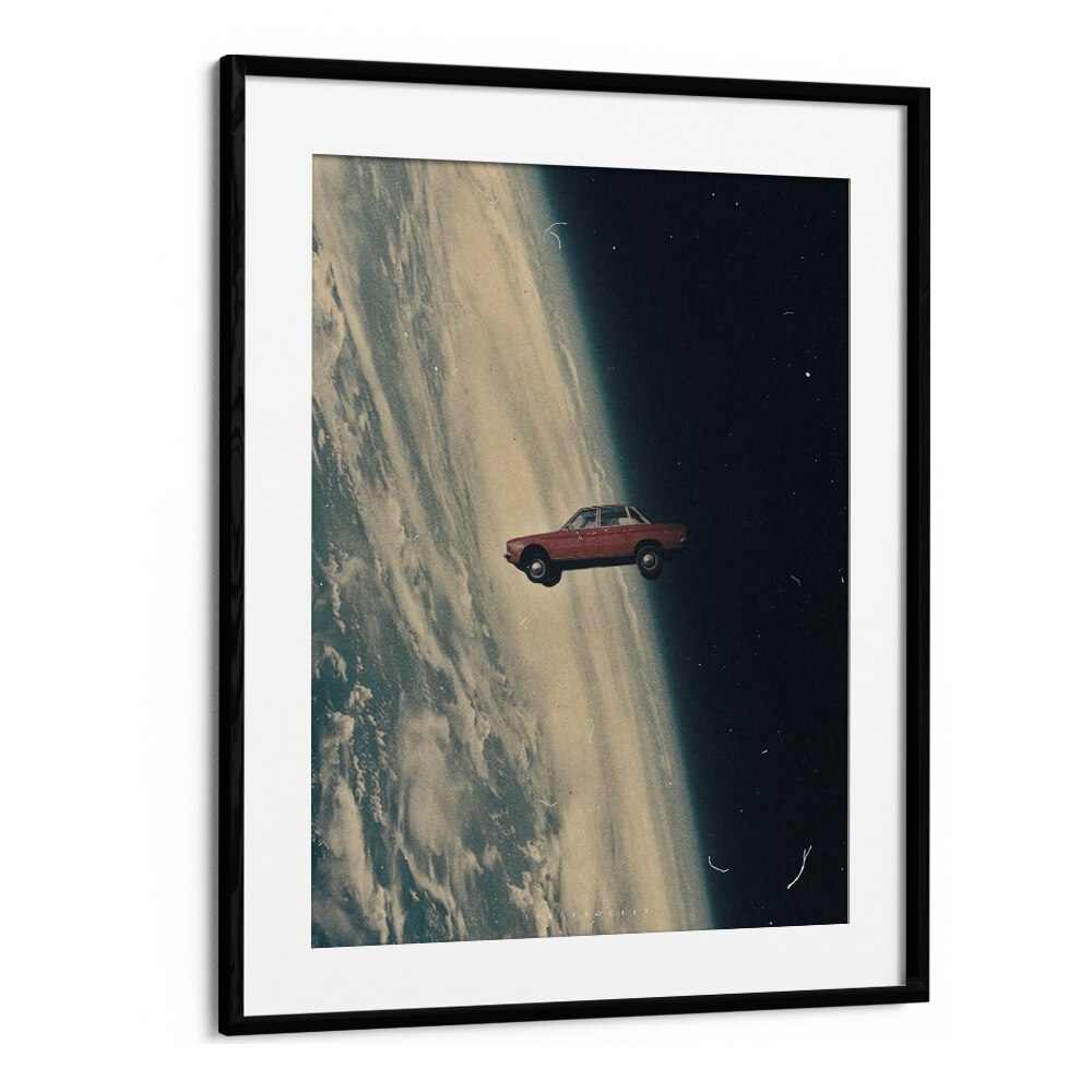 Captivating "DRIVING BACK TO THE DEEP, SURREAL ART PRINTS" framed artwork by Space Rocket Art, featuring a car in space.