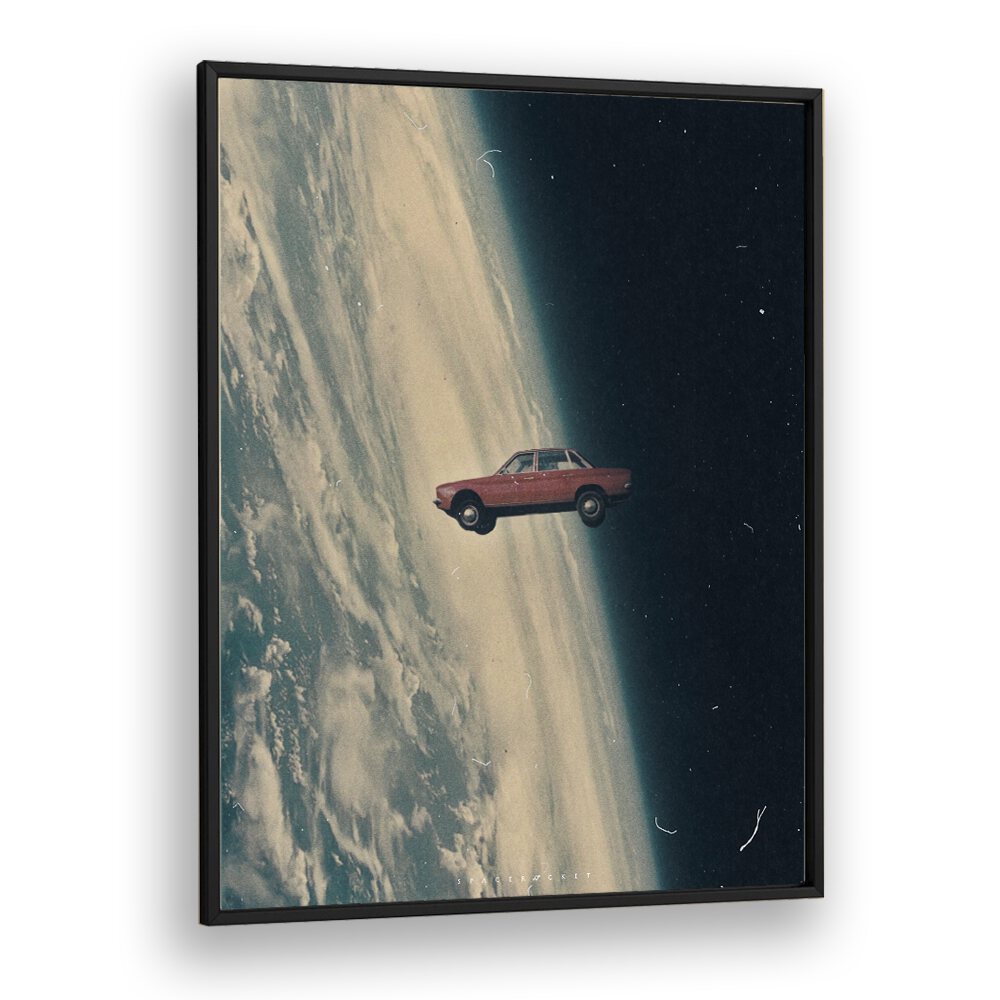 Vibrant DRIVING BACK TO THE DEEP, SURREAL ART PRINTS by Space Rocket Art, featuring a car in a cosmic scene.