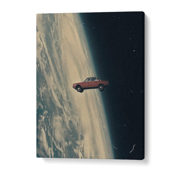 Explore "DRIVING BACK TO THE DEEP, SURREAL ART PRINTS" by Space Rocket Art, featuring a car floating in space.