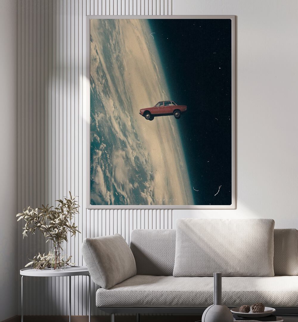 Captivating DRIVING BACK TO THE DEEP, SURREAL ART PRINTS by Space Rocket Art, showcasing a car in space.
