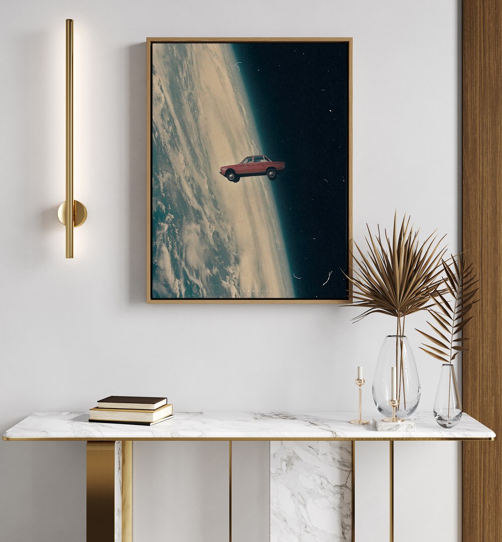 Explore the cosmic journey in DRIVING BACK TO THE DEEP, SURREAL ART PRINTS by Space Rocket Art, featuring vibrant colors.