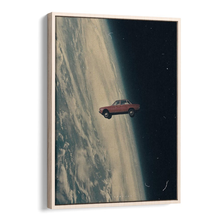 Surreal art print "DRIVING BACK TO THE DEEP" by Space Rocket Art, featuring a car floating in space.