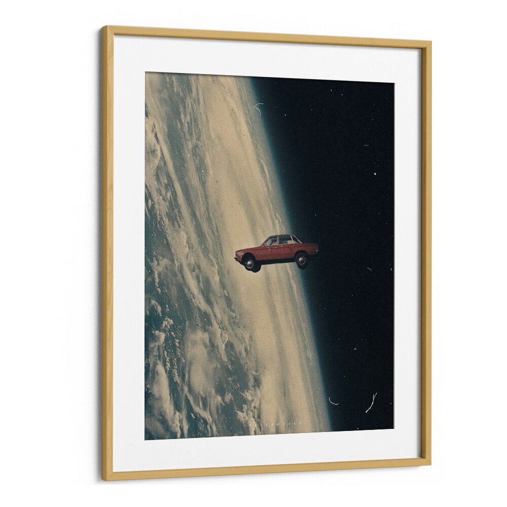 Vibrant DRIVING BACK TO THE DEEP, SURREAL ART PRINTS by Space Rocket Art, featuring a classic car in space.