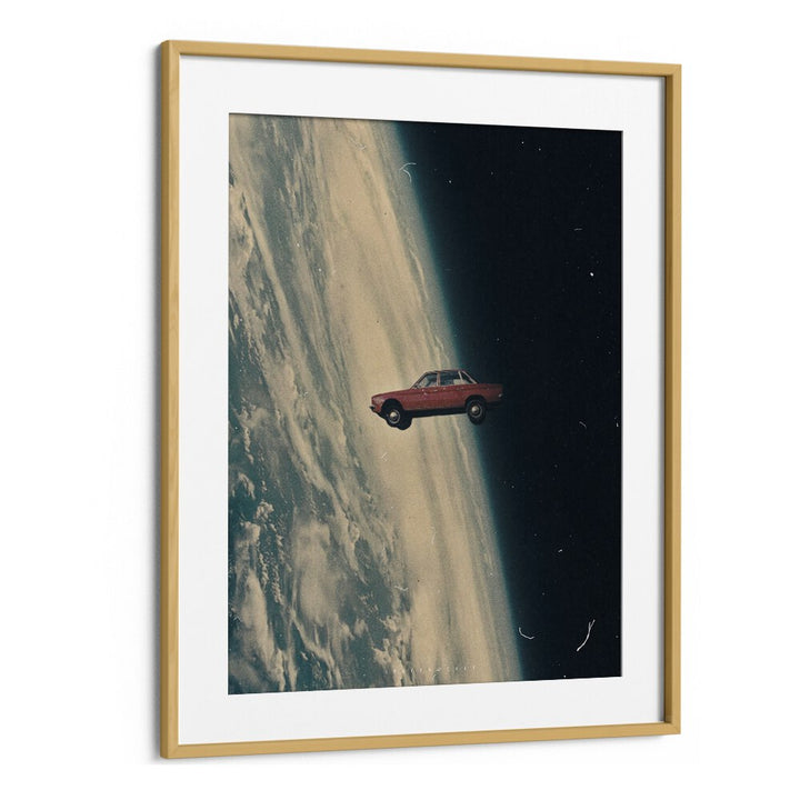 Vibrant DRIVING BACK TO THE DEEP, SURREAL ART PRINTS by Space Rocket Art, featuring a classic car in space.