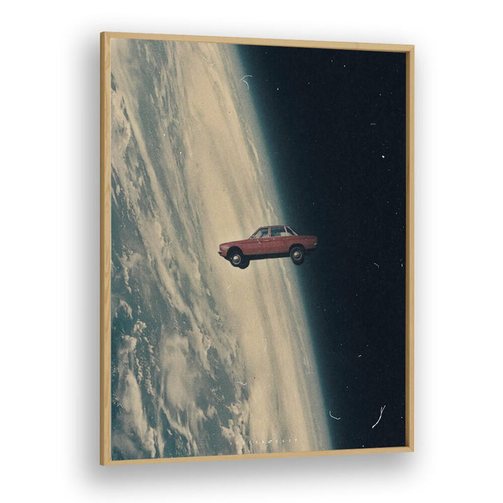 Stunning surreal art print "DRIVING BACK TO THE DEEP" by Space Rocket Art, featuring a car floating in space.