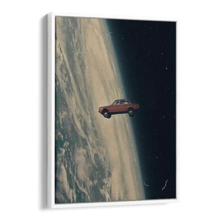 Vivid surreal art print, "DRIVING BACK TO THE DEEP," by Space Rocket Art captures a car in a cosmic landscape.