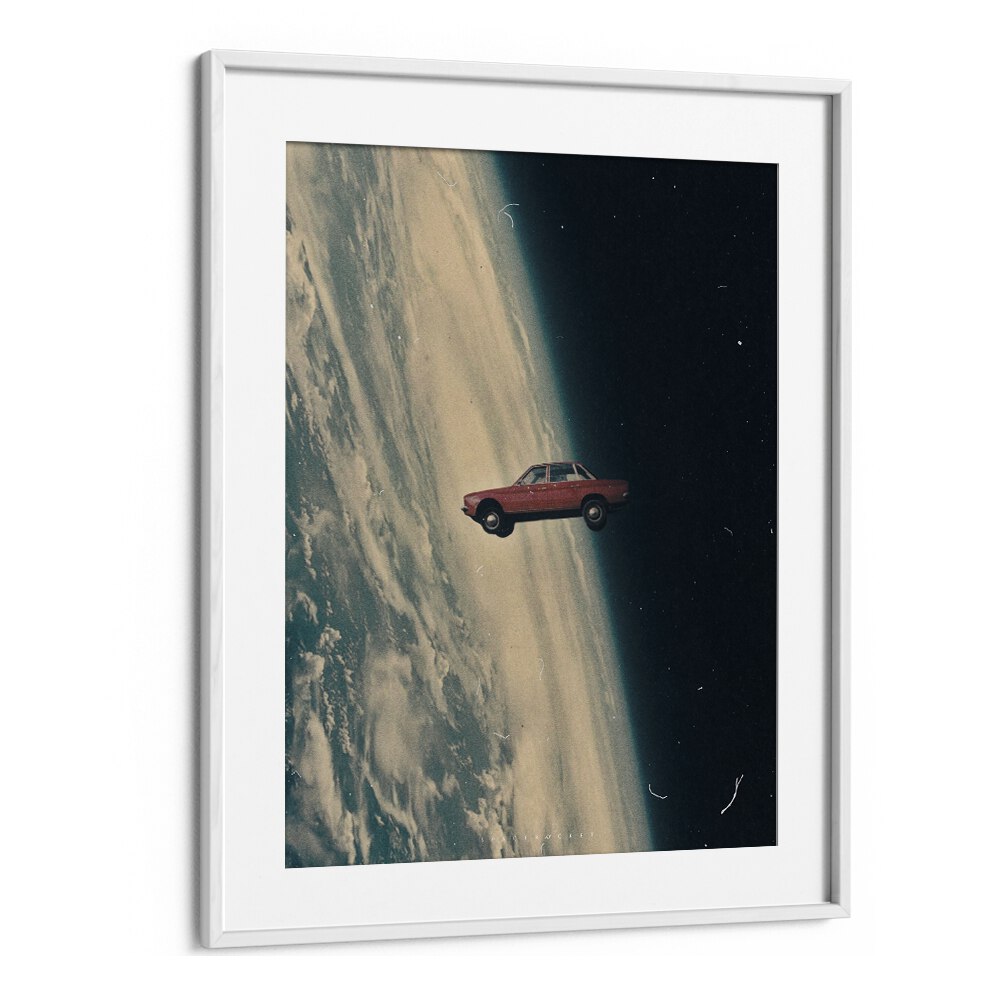 Vibrant DRIVING BACK TO THE DEEP, SURREAL ART PRINTS by Space Rocket Art, featuring a car in space against a cosmic backdrop.