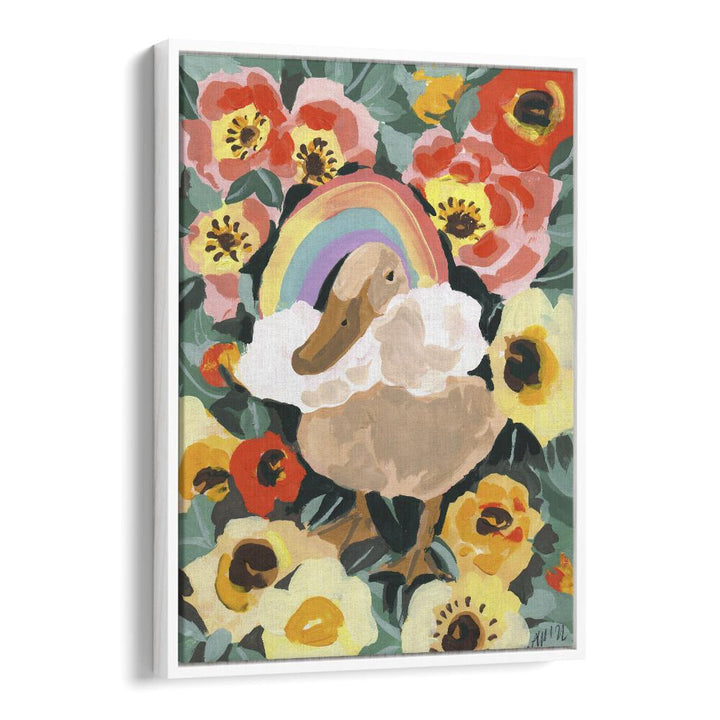 Duck With Rainbow By Ania Zwara Botanical Flower Paintings Artwork  in White Floater Frame